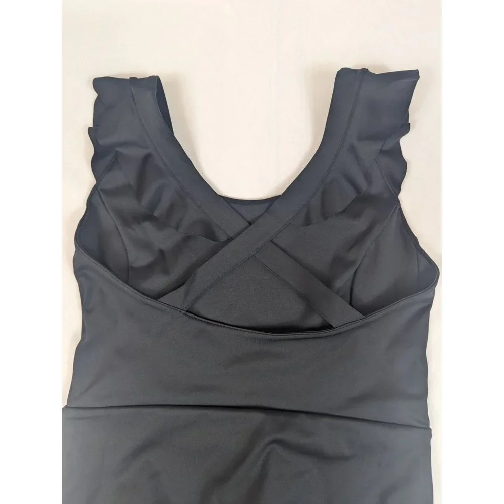 Wavvy Black Long Criss-cross Back with Ruffles‎ Bodysuit Size Small